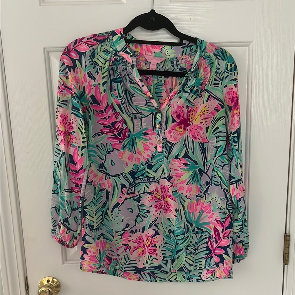 Pink and Green Relaxed Blouse with Mandarin Collar